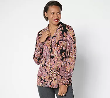 Susan Graver Printed Liquid Knit Button Front Top