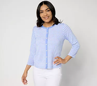 Susan Graver Printed Liquid Knit 3/4 Sleeve Button-Front Cardigan