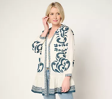 Susan Graver PURE Regular Printed Cotton Duster with Flounced Hem 1 254316-susan-graver-pure-regular-printed-cotton-duster-with-flounced-hem-1.webp