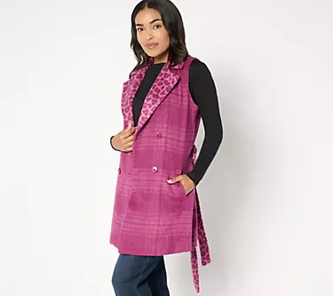 Susan Graver Petite Printed Double Breasted Vest with Tie