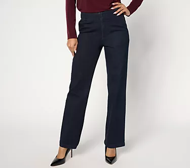 Susan Graver Petite Stretch Denim Wide Leg Trouser Jean - Deep Indgo/Dark