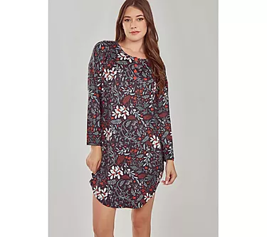 iCollection Floral Knit Long Sleeve Henley Lounge Shirtdress