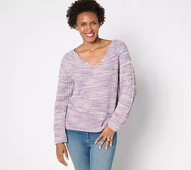 AnyBody V-Neck Space Dye Chenille Sweater