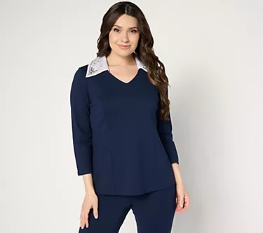 Susan Graver Occasions Smart Ponte 350 Top with Beaded Collar