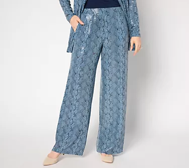 Susan Graver Occasions Reg Metallic Knit Foil Print Wide-Leg Pants