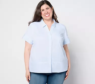 Denim & Co. Poplin Yarn Dye Short Sleeve Striped Shirt