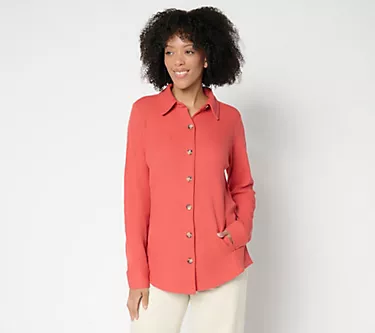 Belle by Kim Gravel Regular Waffle Knit & Jersey Button Front Top