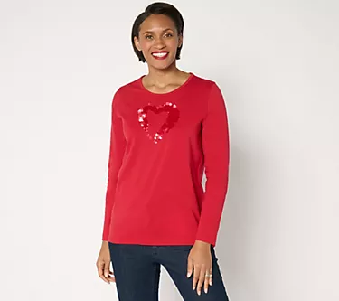 Denim & Co. Perfect Jersey Sequin Heart Round Neck Top