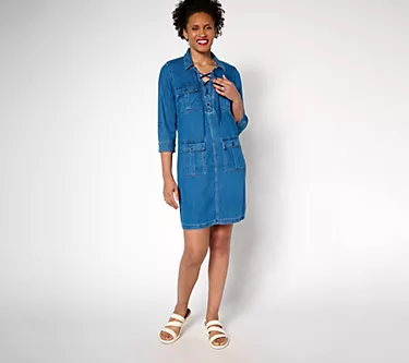 Martha Stewart Signature Petite Denim Lace Up Safari Dress