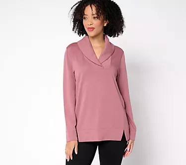 Denim & Co. Active Fleece Back Knit Top with Shawl Collar