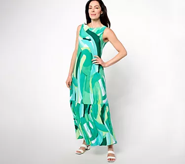 Susan Graver Petite Printed Liquid Knit A-Line Back Tie Maxi Dress