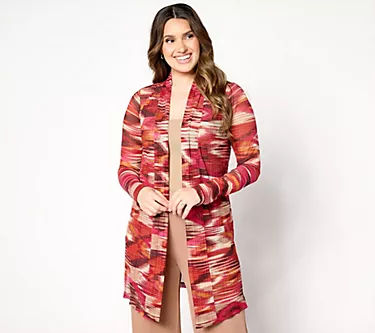 Susan Graver Regular Printed Pleated Mesh Drape Front Cardigan