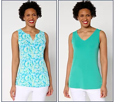 Susan Graver Set of Two Print & Solid Liquid Knit Sleeveless Tops