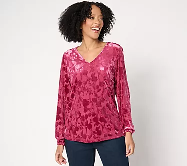 Denim & Co. Burnout Velvet Long Sleeve Blouse