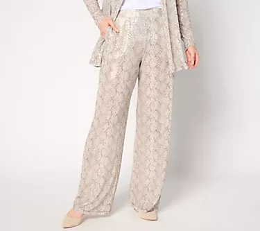 Susan Graver Occasions Pet Metallic Knit Foil Print Wide-Leg Pants
