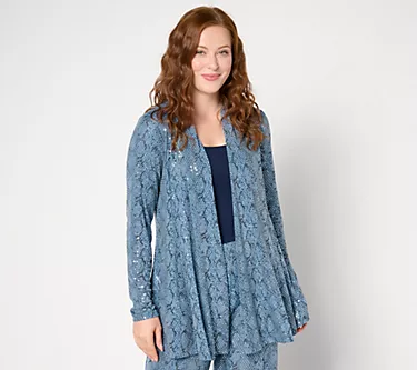 Susan Graver Occasions Reg Metallic Knit Foil Print Open Front Cardigan