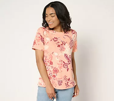 Denim & Co. Printed Textured Knit Short Sleeve Crew Neck Top