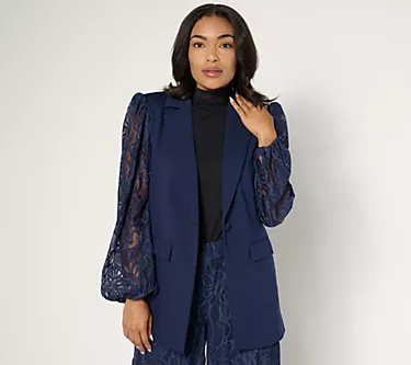 Dennis Basso Petite Ponte Knit Blazer with Lace Sleeves