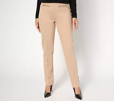 Susan Graver Petite Smart Ponte Slim-Leg Pull-On Pants w/ Chain Detail