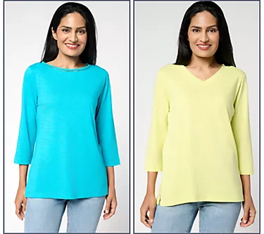 Belle by Kim Gravel Set of 2 3/4 Sleeve Slub Knit Tops