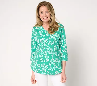 Denim & Co. Printed 3/4 Sleeve V-neck Top