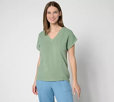 AnyBody Slub Jersey and Gauze Mixed Short Sleeve Top