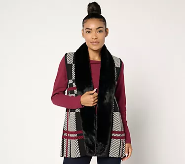 Denim & Co. Jacquard or Solid Faux Fur Trim Vest