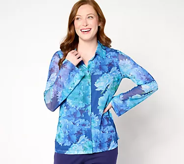 Isaac Mizrahi Live! Printed Mesh Long Sleeve Button Front Shirt