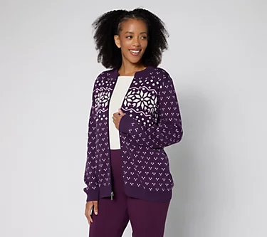Denim & Co. Archives Zip Front Placed Motif Cardigan
