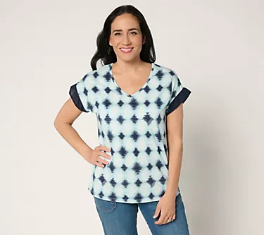 AnyBody Cozy Knit Shibori Basic Tee with Woven Sleeve Detail