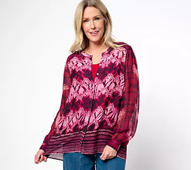 LOGO by Lori Goldstein Printed Chiffon Blouse with Knit Tank
