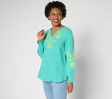 Belle Beach by Kim Gravel Cotton Gauze Embroidered Peasant Top