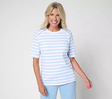 Denim & Co. Perfect Jersey Elbow Sleeve Crew Neck Striped Top