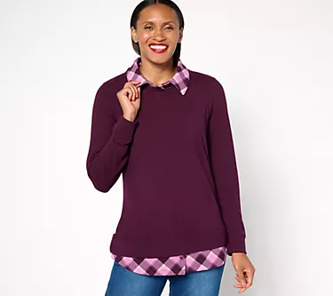 Denim & Co. Heavenly Jersey Solid/Plaid Long Sleeve 2fer Top