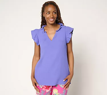 Belle Beach by Kim Gravel 100% Cotton Gauze Flounce Sleeve Top