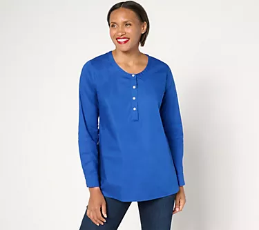 Denim & Co. Petite Poplin Tunic with Pearl Buttons
