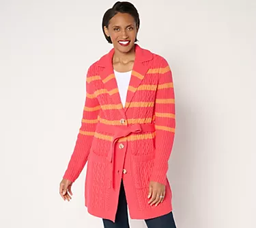 Isaac Mizrahi Live! Regular Cable Knit Duster Sweater with Belt