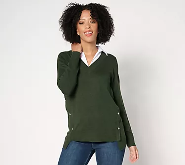 Denim & Co. Collared 2fer V-Neck Sweater