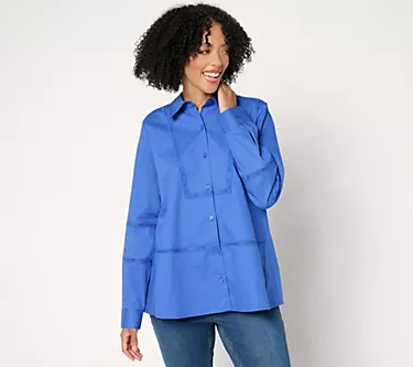 Attitudes by Renee Woven Button-Front Top with Lace Trim