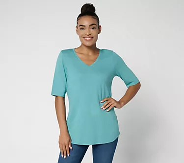 Denim & Co. Essentials Slub Jersey Elbow Sleeve V-Neck Top