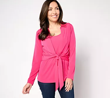 Susan Graver Passport Liquid Knit Long Sleeve Tie Front Shrug Set