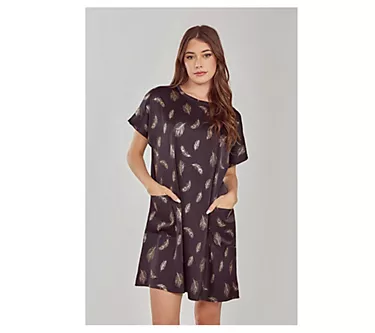 iCollection Foil Feather Print Short Sleeve Lounge Dress