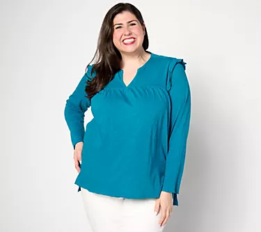 Denim & Co. Canyon Retreat Embroidered Split Neck Blouse