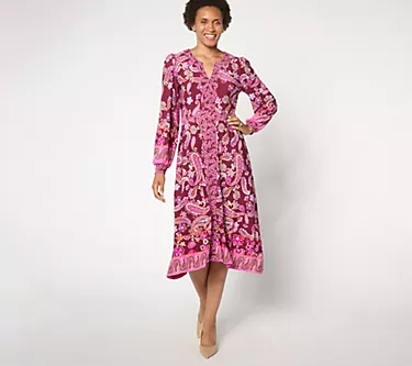 Susan Graver Petite Printed Liquid Knit Split Neck Midi Dress