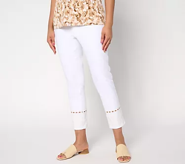 Susan Graver Regular White Stretch Denim Embroidered Ankle Jean