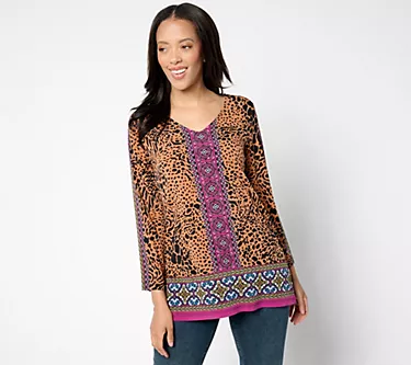 Susan Graver Reg Printed Liquid Knit 3/4 Slv V-Neck Top w/Embellishment 1 299878-susan-graver-reg-printed-liquid-knit-3-4-slv-v-neck-top-w-embellishment-1.webp