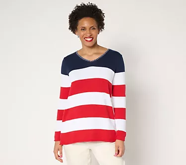 Denim & Co. 100% Cotton Striped Long Sleeve V-Neck Sweater
