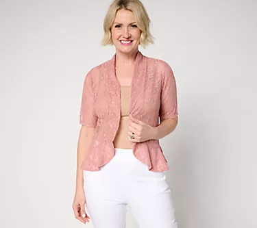 Susan Graver Stretch Knit Lace Elbow-Sleeve Peplum Shrug