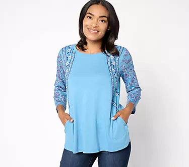 LOGO by Lori Goldstein 3/4 Sleeve Embroidered Print Mix Top