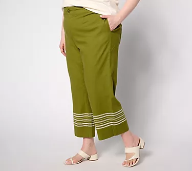 Joan Rivers Regular Stretch Novelty Linen Crop Pant w/ Embroidery